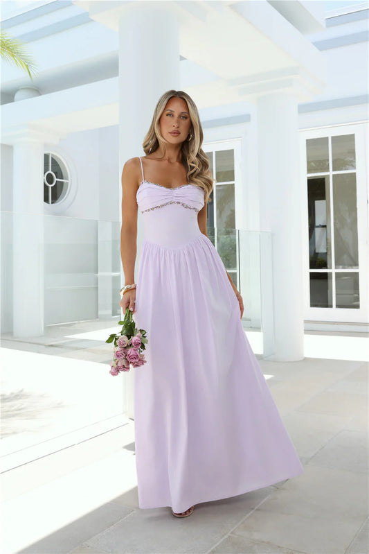 Luxury Lavender Prom Dresses with Chiffon Fabric Floral Embroidery and Low Back