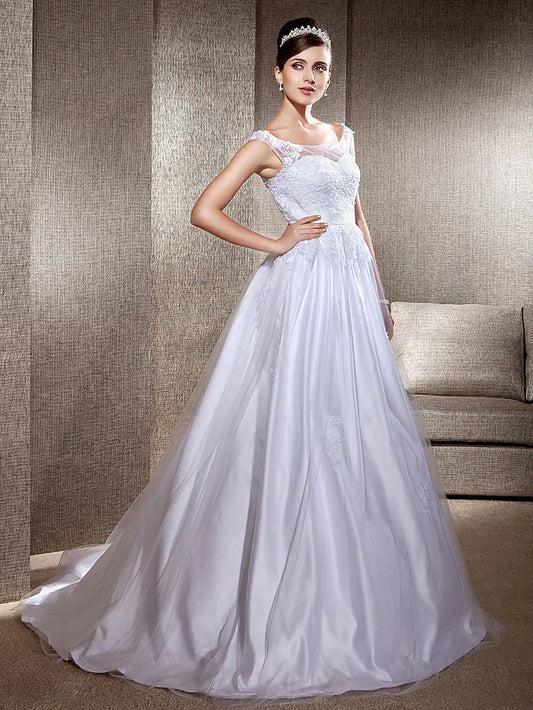 Ball Gown A-Line Wedding Dresses Scoop Neck Lace Tulle Sleeveless