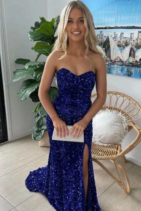 Charming Mermaid Sweetheart Royal blue Sequins Long Prom Dresses with Slit