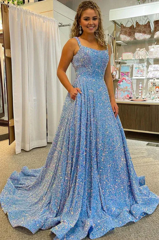 Cute Ball Gown Light Blue Square Neck Velvet Sequins Prom Dresses with Pockets