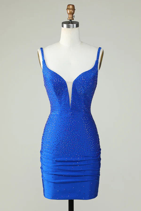 Sheath Spaghetti Straps Glitter Royal Blue Homecoming Dress With Beading