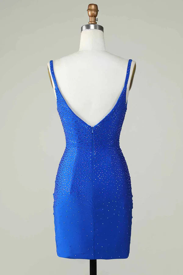 Sheath Spaghetti Straps Glitter Royal Blue Homecoming Dress With Beading