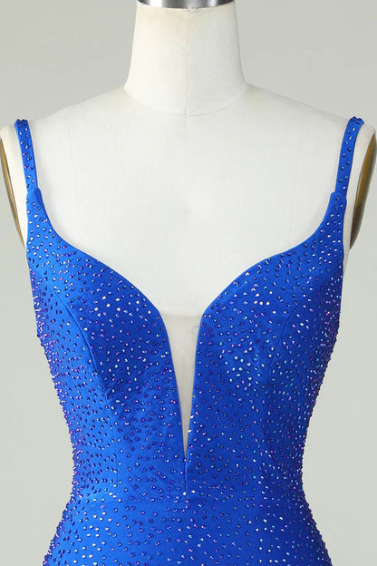 Sheath Spaghetti Straps Glitter Royal Blue Homecoming Dress With Beading