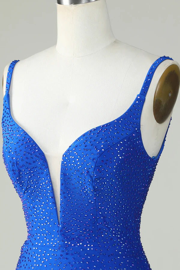 Sheath Spaghetti Straps Glitter Royal Blue Homecoming Dress With Beading