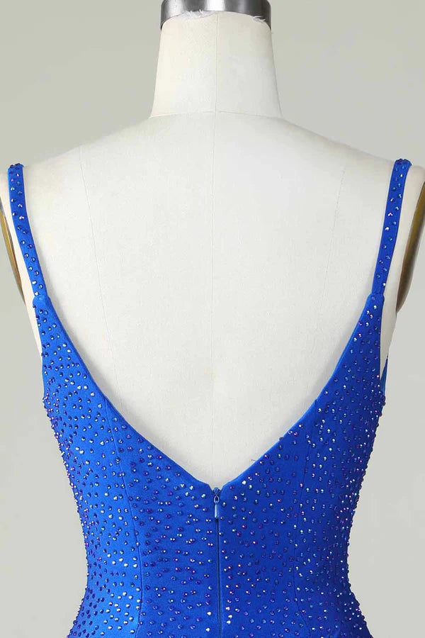 Sheath Spaghetti Straps Glitter Royal Blue Homecoming Dress With Beading