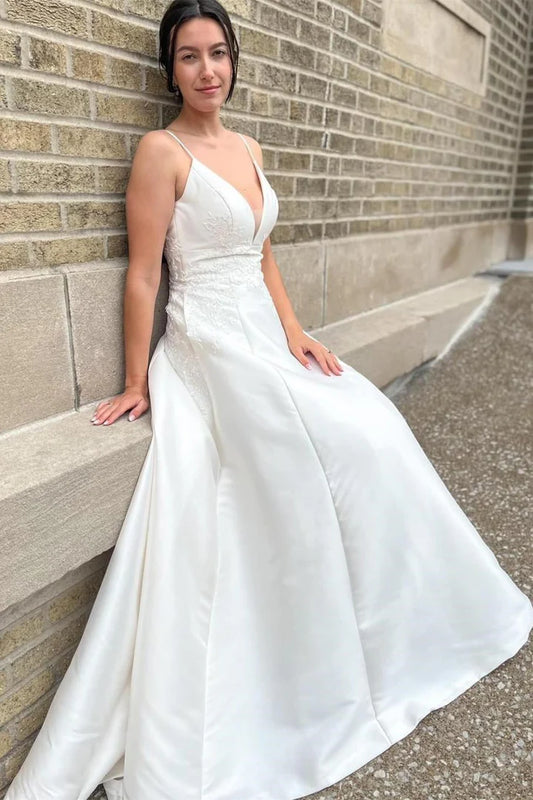 White Satin V-Neck A-Line Backless Long Wedding Dress with Appliques