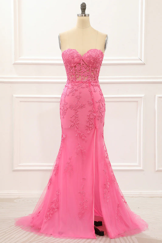Hot Pink Off-the-Shoulder Tulle Lace-up Back Mermaid Wrap The Buttocks Prom Dress with Appliques