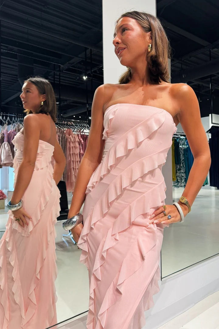 Strapless Ruffle Chiffon Maxi Dress with Slit