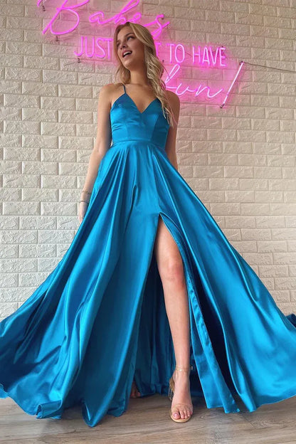 Cute A Line V Neck Spaghetti Strap Blue Satin Lace-Up Back Long Prom Dresses with Slit