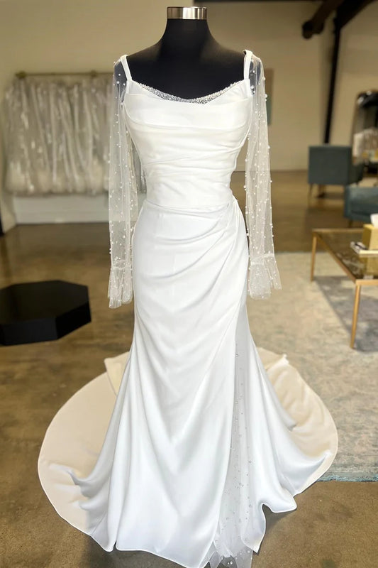 White Square neck Backless Ruched Back Buckle Wedding Dress with Detachable Sleeves