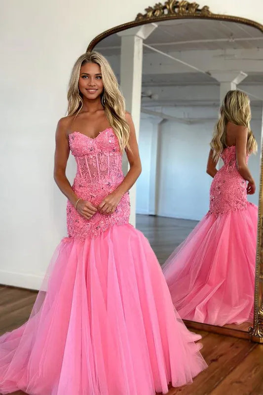 Cute Mermaid Sweetheart Off-the-Shoulder Hot Pink Tulle Prom Dresses with Lace