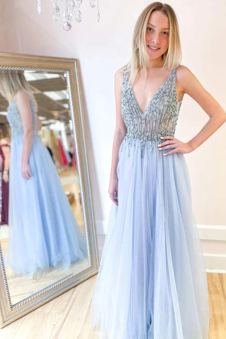 Beaded V-Neck Backless A-Line Prom Dress