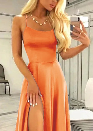 Orange Square Neck Halter Lace-Up Back Backless A Line Satin Prom Dress
