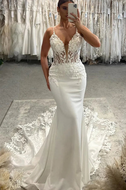 Elegant Mermaid V Neck Spaghetti Strap Satin Long Wedding Dresses with Appliques