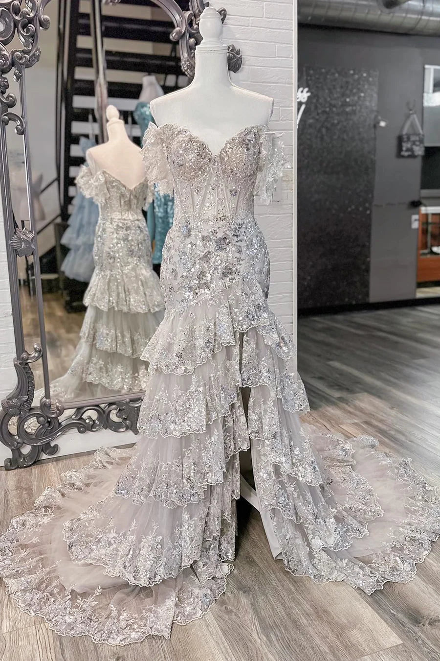 Sequin-Embroidery Off-the-Shoulder Tiered Long Prom Dress with Slit