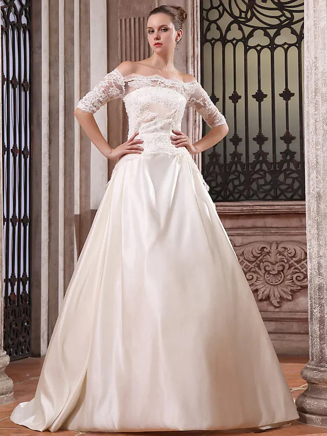 Ball Gown Wedding Dresses Scalloped-Edge Off Shoulder Court Train Satin Half Sleeve