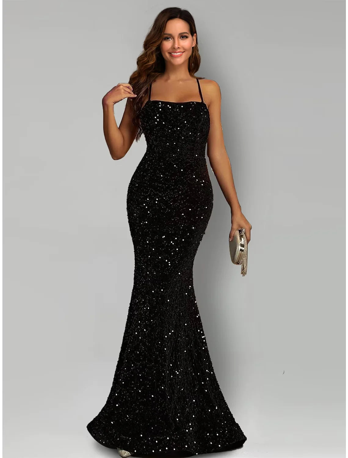 Mermaid / Trumpet Evening Gown Black Dress Formal Sweep / Brush Train Sleeveless Halter Sequined with Sequin