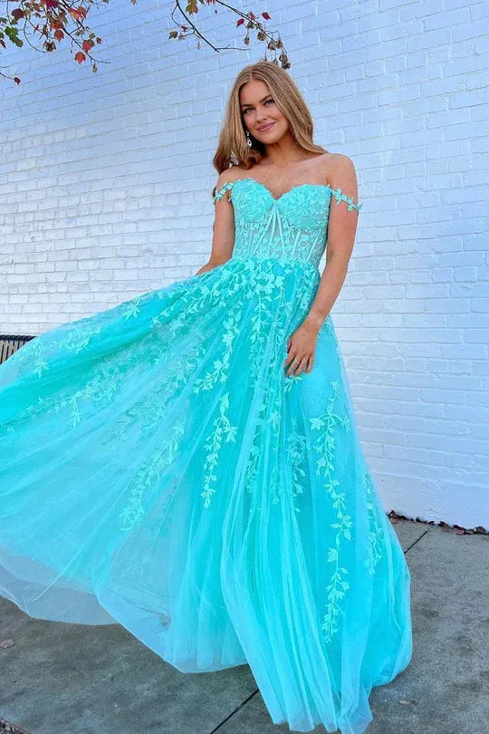 Charming A Line Off the Shoulder Teal Tulle Prom Dresses with Appliques