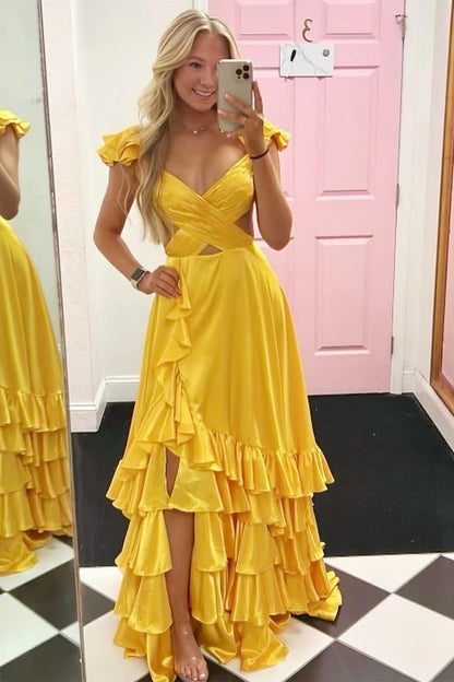 Cutout Ruffle A-Line Long Prom Dress with Slit