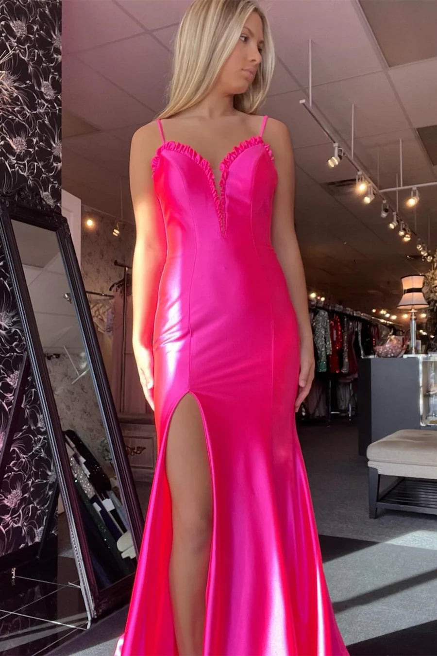 Lace-Up Back Ruffle Mermaid Long Prom Dress with Slit