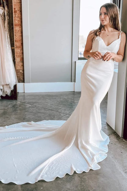 White Satin V-Neck Spaghetti Strap Lace-Up Back  Backless Mermaid Slim-fit Long Wedding Dress