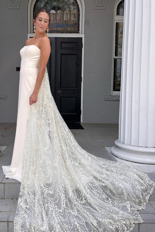 White A-Line Off-the-Shoulder Strapless Mermaid Long Wedding Dress with Attached Train