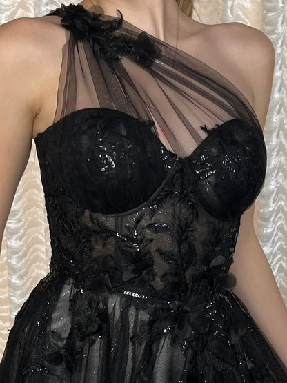 Wedding Guest Dress One Shoulder A-line Gown Sweetheart Bodice Side Leg Slit Applique Black Formal Dress Evening Dress