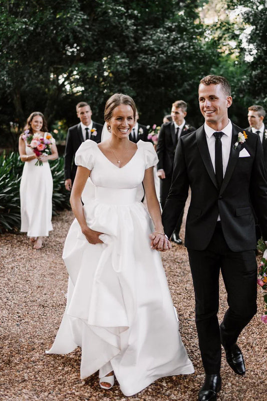 Princess Ball Gown V Neck Heavy Satin Floor-Length Long Wedding Dresses with Ruffled Sleeves