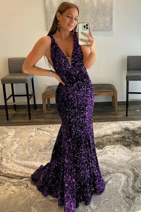 Charming Mermaid Deep V Neck Backless Purple Sequins Long Prom Dresses