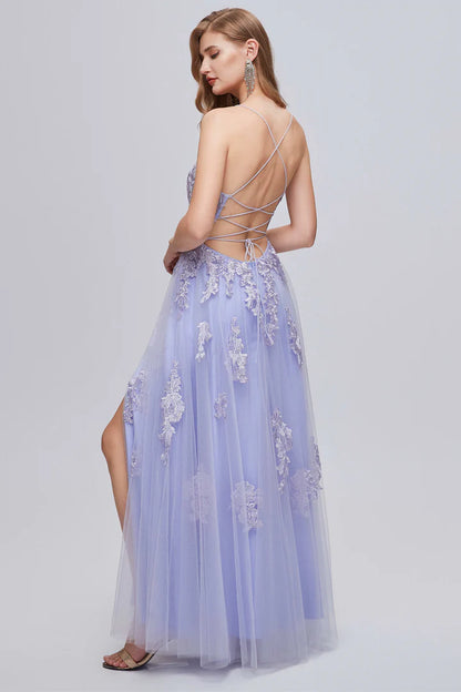 Appliques Lace-Up A-Line Long Prom Dress with Slit