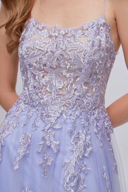 Appliques Lace-Up A-Line Long Prom Dress with Slit