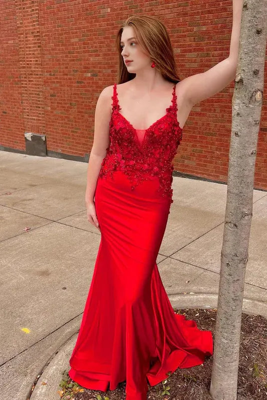 Charming Mermaid V Neck Spaghetti Strap Red Backless Prom Dresses with Appliques