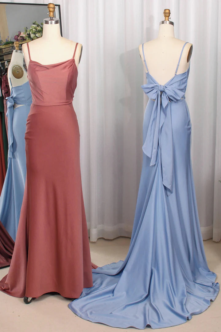 Cowl Neck spaghetti straps Bow Back Backless Long Bridesmaid Dress ﻿