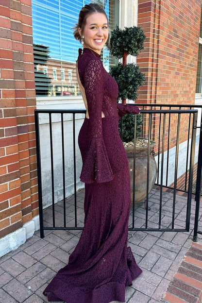 Lace High Collar Trumpet Long Formal Dress with Bell Sleeves