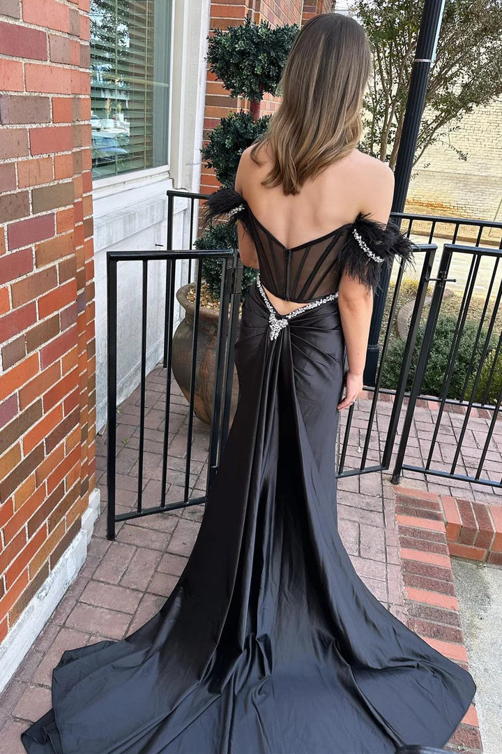 Off-the-Shoulder Sheer Bodice Long Gown with Attached Train