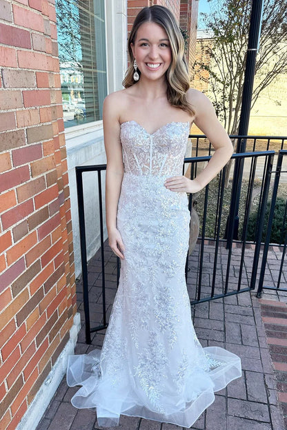 Sequin Lace Strapless Long Formal Dress with Balloon Sleeves
