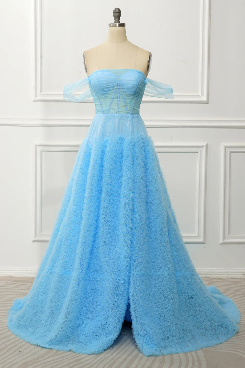Blue Off the Shoulder A Line Corset Pleats Floor-Length Prom Dress with Slit