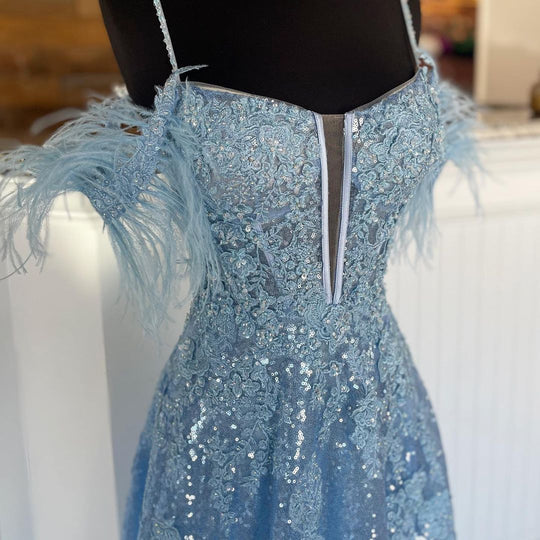 Sparkly A Line Deep V Neck Light Blue Sequins Long Prom Dresses with Appliques