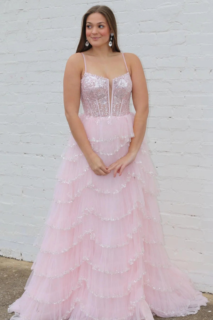 Sequin Lace Spaghetti Strap Ruffle Tiered Long Prom Dress