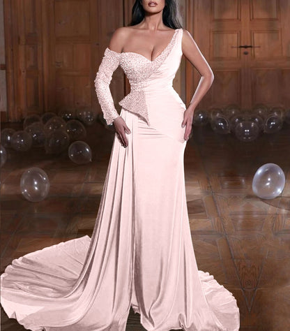 Sheath One Shoulder One Long Sleeve  Sweep/Brush Train Dresses Long Prom Dress With Sequins