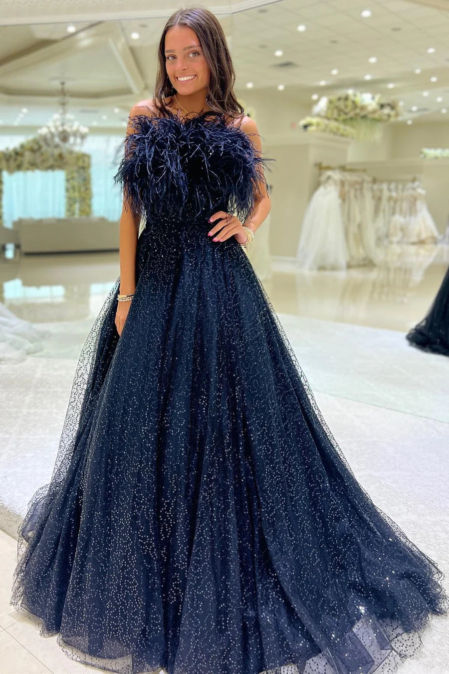 Tulle Sequin Strapless A-Line Long Prom Dress with Feathers
