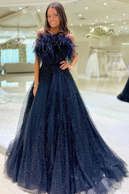 Tulle Sequin Strapless A-Line Long Prom Dress with Feathers