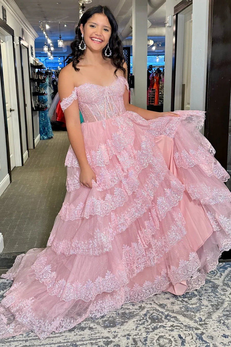 Sequin Appliques Off-the-Shoulder Ruffle Tiered Long Gown