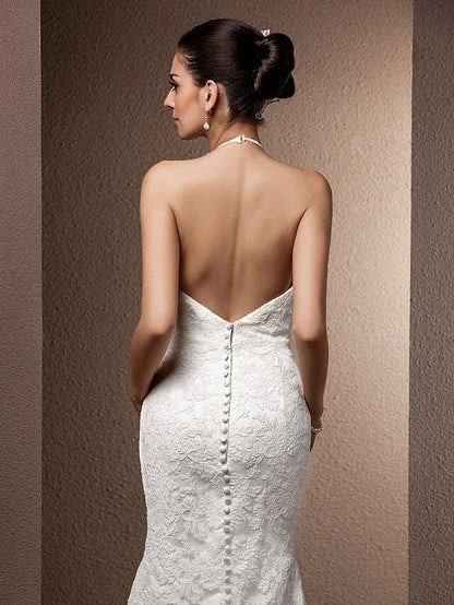 Wedding Dresses Halter Neck Lace Regular Straps Open Back with Beading Flower Button