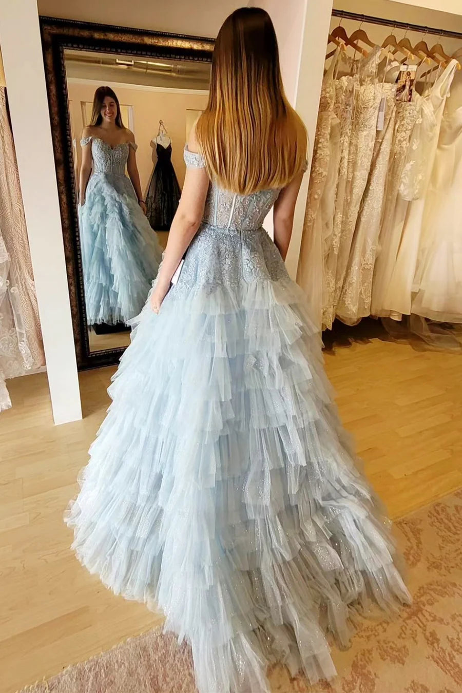 Appliques Off-the-Shoulder Ruffle Tiered Long Prom Dress