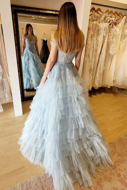 Appliques Off-the-Shoulder Ruffle Tiered Long Prom Dress