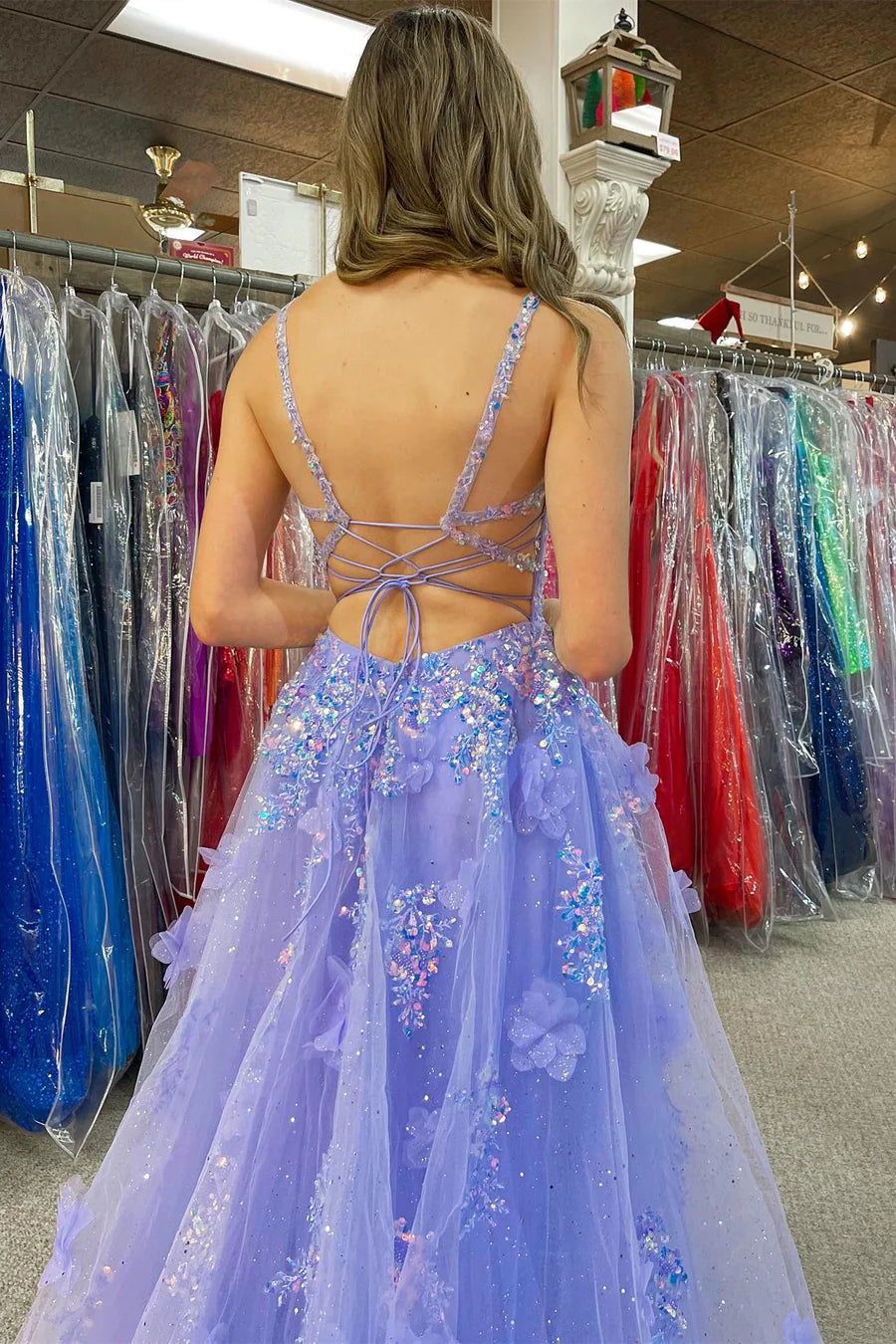 Tulle Appliques V-Neck A-Line Long Prom Dress with Slit