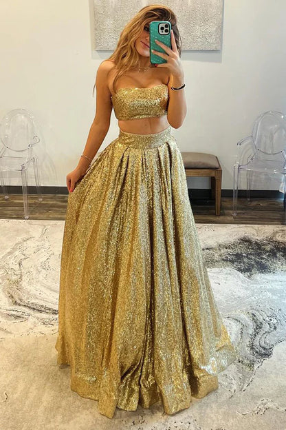 Two Piece Strapless Off-the-Shoulder Gold Sequins Long Prom Dress