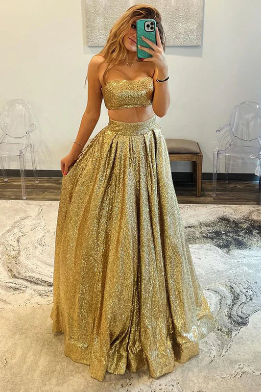 Two Piece Strapless Off-the-Shoulder Gold Sequins Long Prom Dress