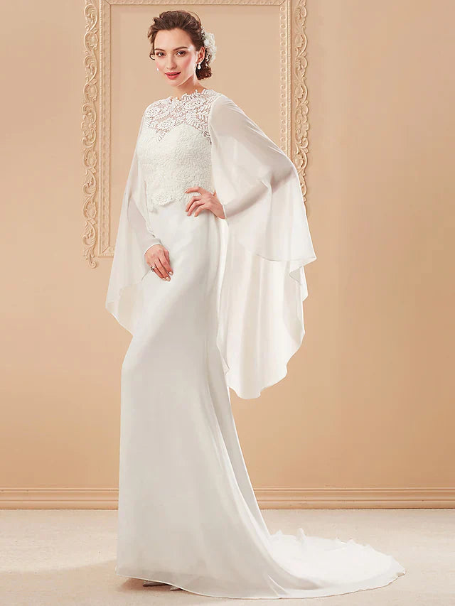 Wedding Dresses Jewel NeckLace Georgette Long Sleeve Beach Illusion Detail Backless with Lace